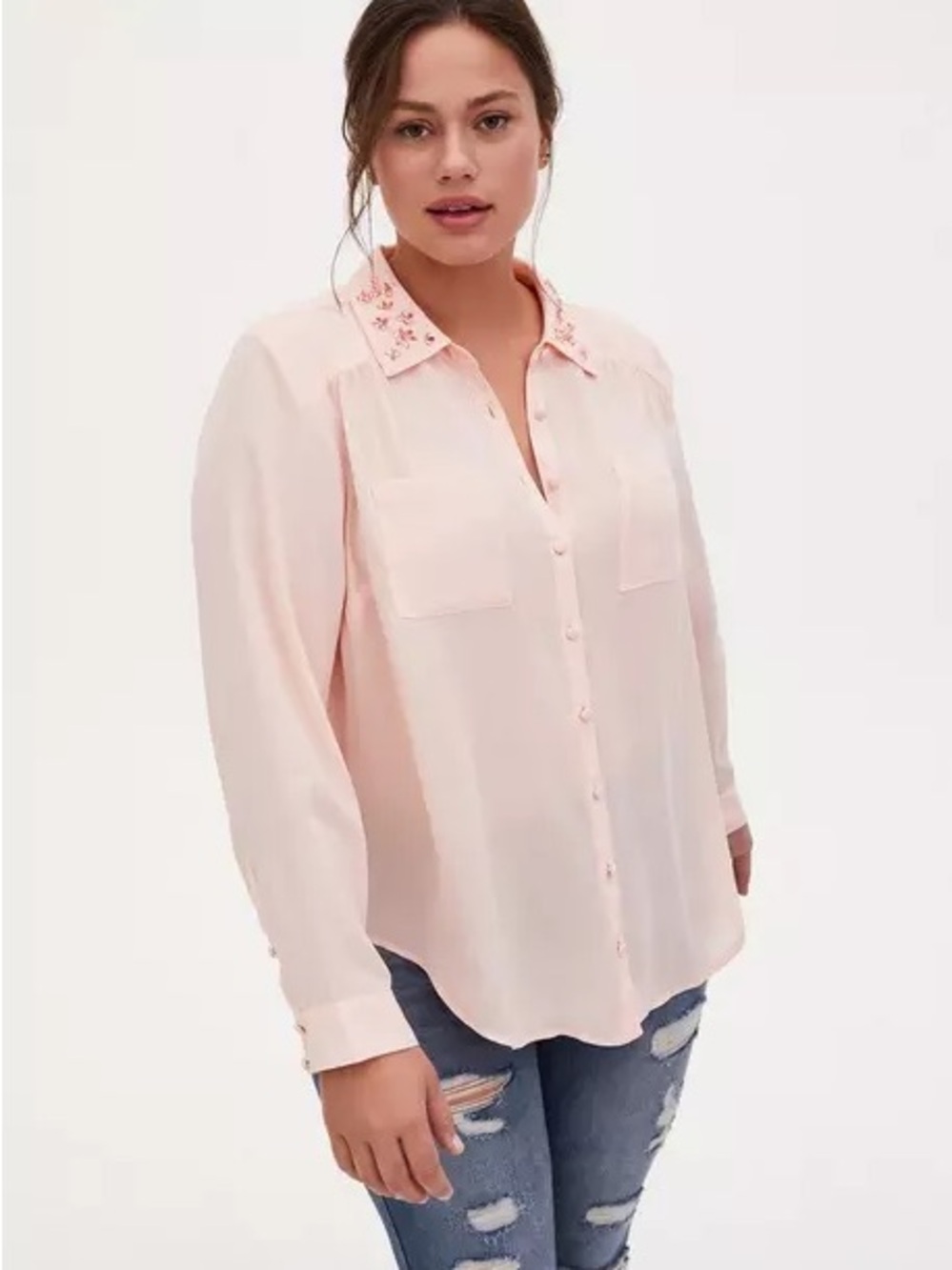 Torrid Madison Pale Blush Georgette Embellished Collar Button Front Blouse 3X